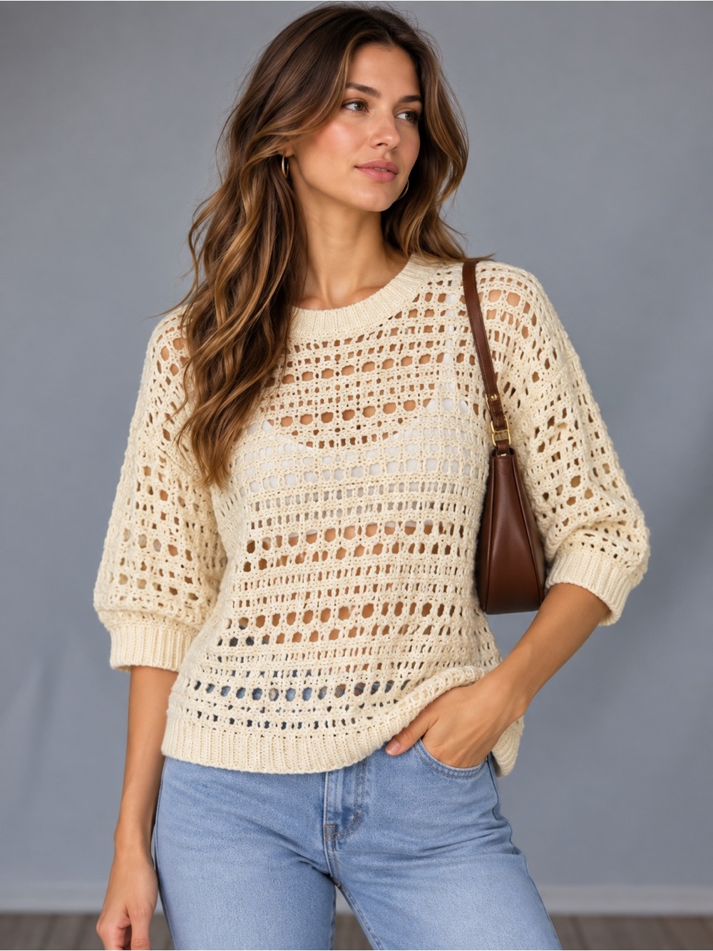 Sonoma Cream Open-Knit Crewneck Sweater